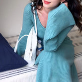 fashion outfits Hong Kong Style Retro French Bell Sleeve round Neck Knitted Dress Women's Autumn Bottoming Dress Unique Super Nice Niche